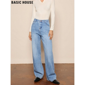 直筒阔腿裤 Basic 复古浅蓝加绒加厚牛仔裤 女冬季 House 百家好美式