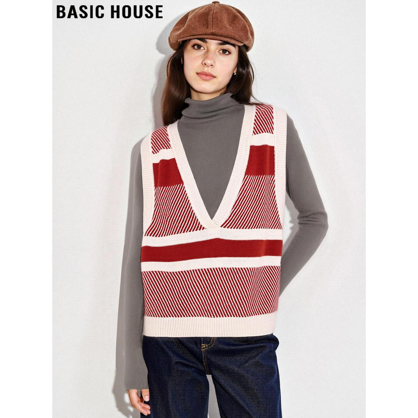 设计感100%羊毛撞色条纹针织马甲