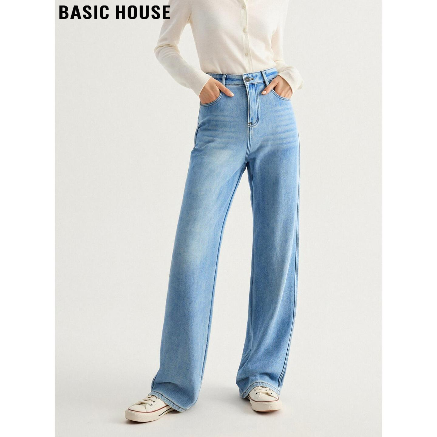 百家好美式水洗蓝色加绒牛仔裤女