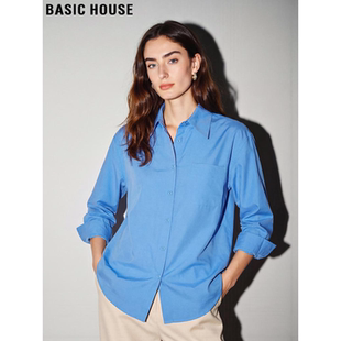 Basic House/百家好亮色系蓝色POLO领长袖衬衫女2026春季新款叠穿