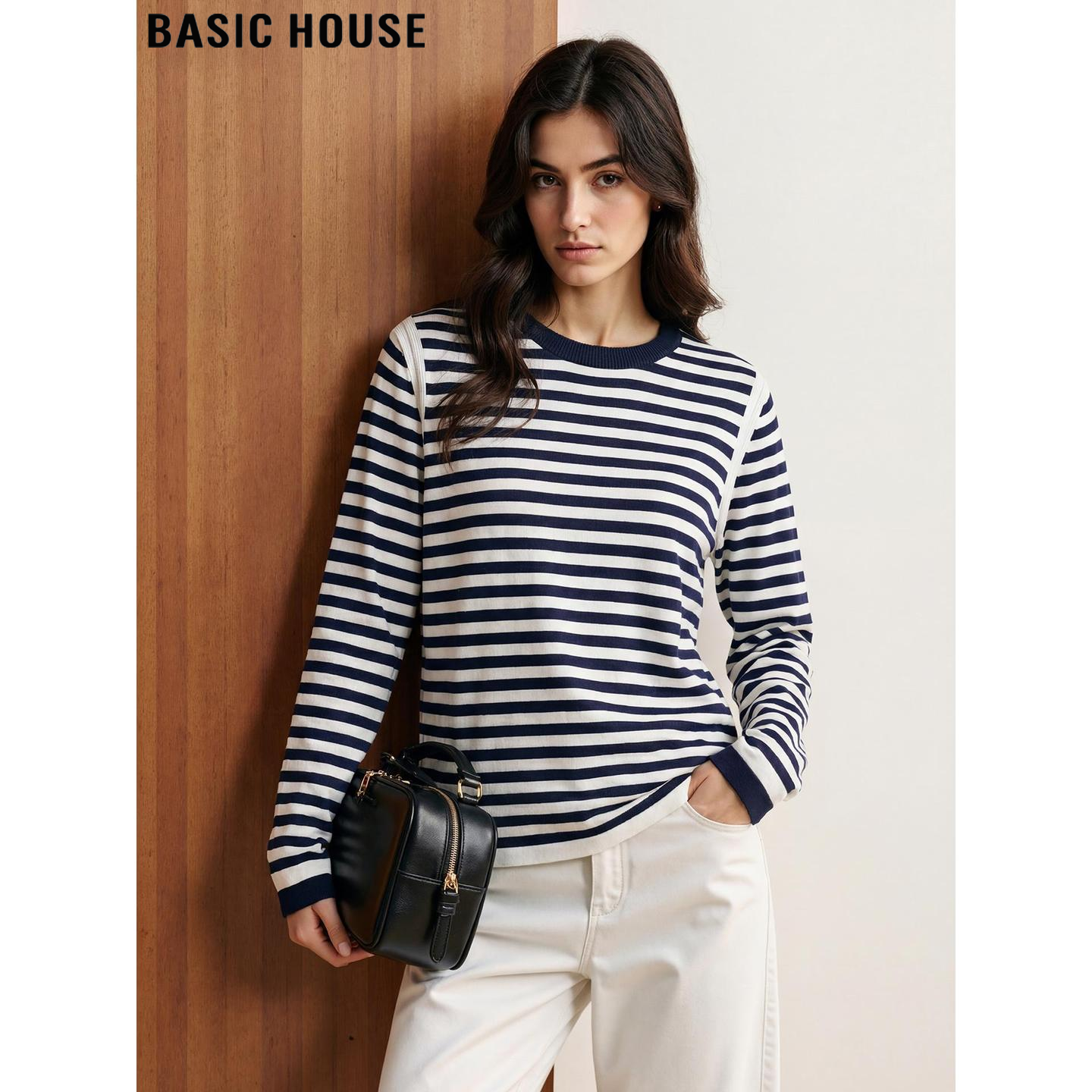 Basic House/百家好藏青条纹圆领长袖T恤女2026春季新款天丝上衣,女装/女士精品,T恤,淘宝优惠券,粉丝福利购,淘宝优惠卷