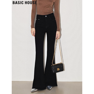 House 喇叭裤 百家好复古黑色微喇牛仔裤 弹力高腰修身 女春季 Basic