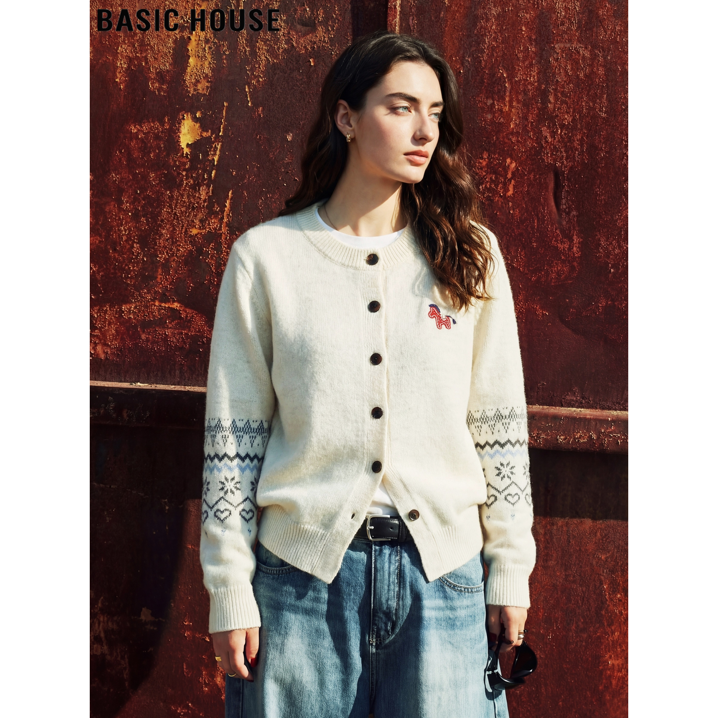 Basic House/百家好费尔岛提花针织开衫女士2026春季新款刺绣上衣