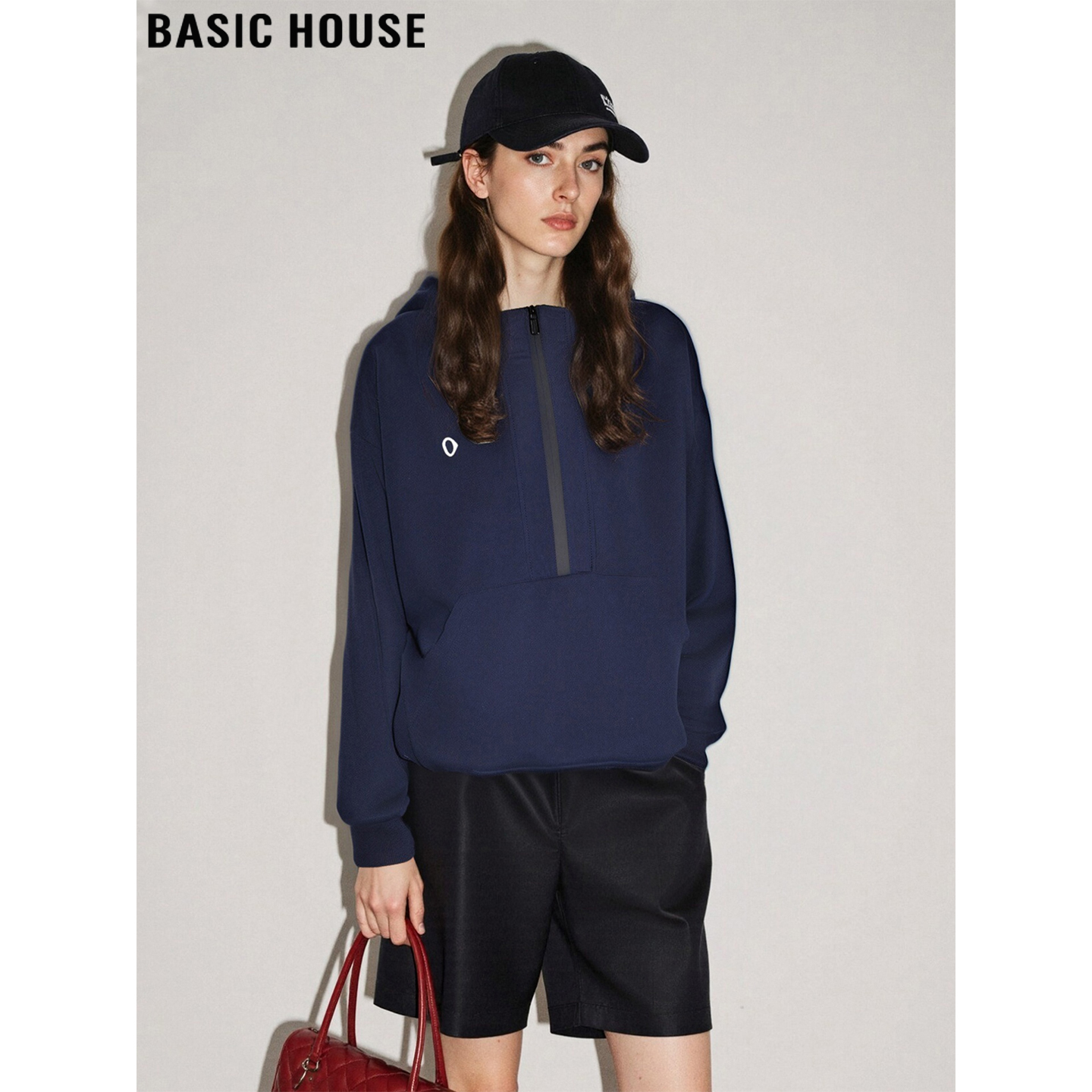 百家好藏青色连帽卫衣半拉链上衣