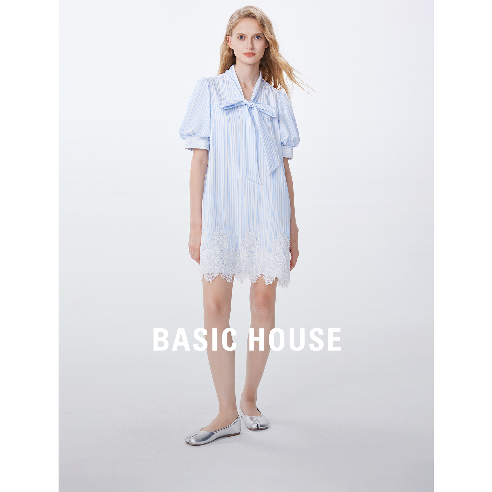 Basic House/百家好设计感连衣裙女夏季新款蓝色条纹衬衫裙