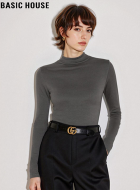 Basic House/百家好灰色半高领T恤女士冬季高级感修身内搭打底衫