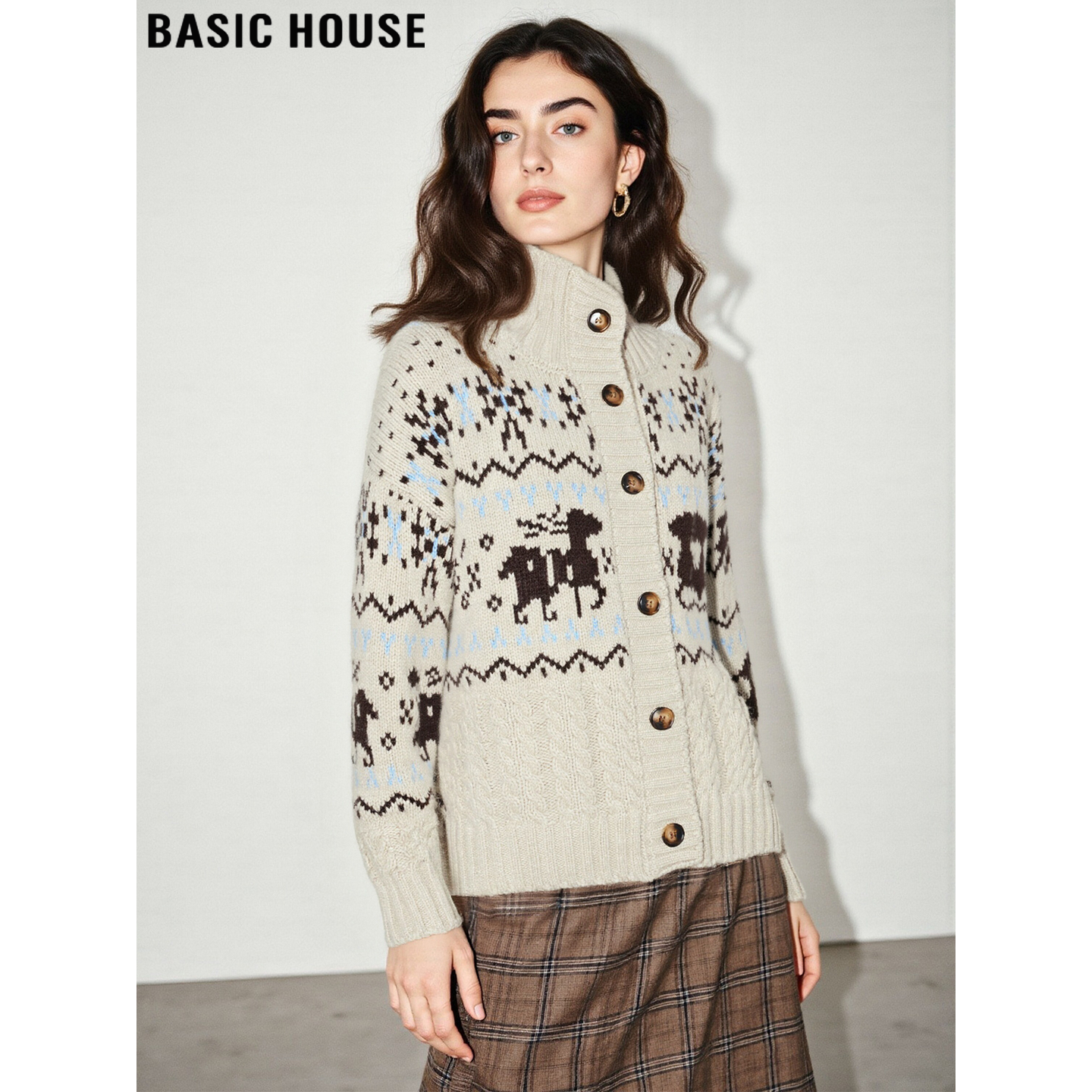 Basic House/百家好费尔岛提花高领羊绒针织开衫女冬羊毛毛衣外套,女装/女士精品,羊绒衫,淘宝优惠券,粉丝福利购,淘宝优惠卷