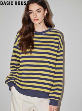 Basic House/百家好撞色条纹圆领卫衣女冬季慵懒风宽松加厚打底衫