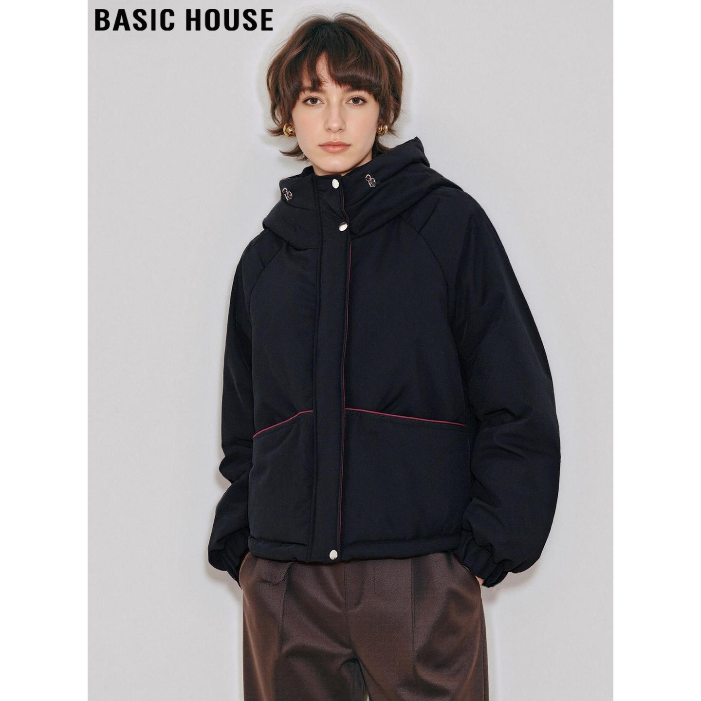 百家好高级感黑色连帽棉衣外套女