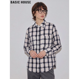 Basic House/百家好复古叠穿黑色格子衬衫女2026春季新款宽松衬衣
