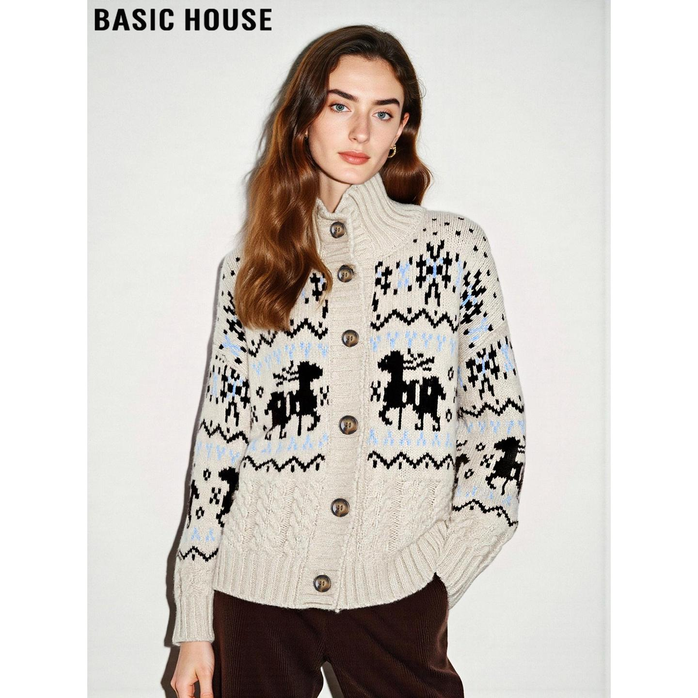 Basic House/百家好费尔岛提花软糯羊绒衫女冬季高领羊毛针织开衫,女装/女士精品,羊绒衫,淘宝优惠券,粉丝福利购,淘宝优惠卷