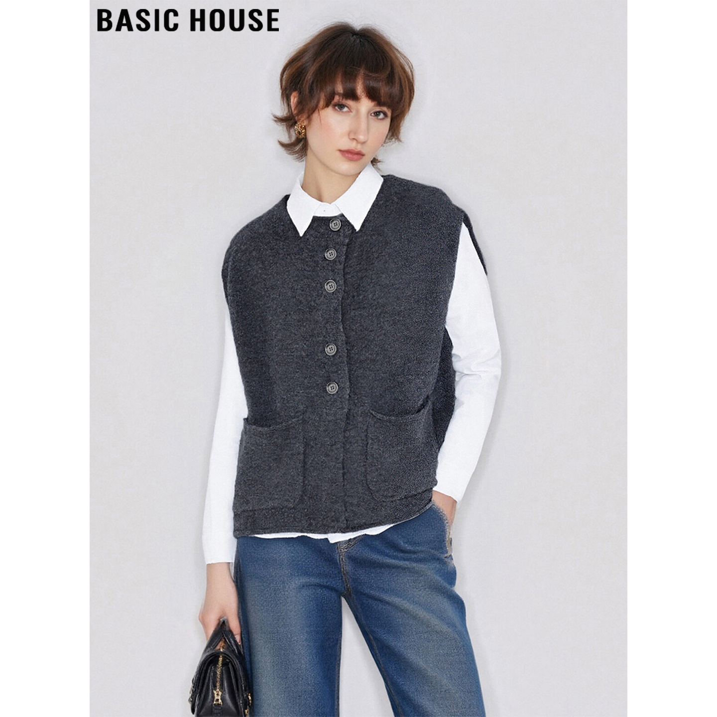 灰色羊毛针织马甲英伦风毛衣马夹