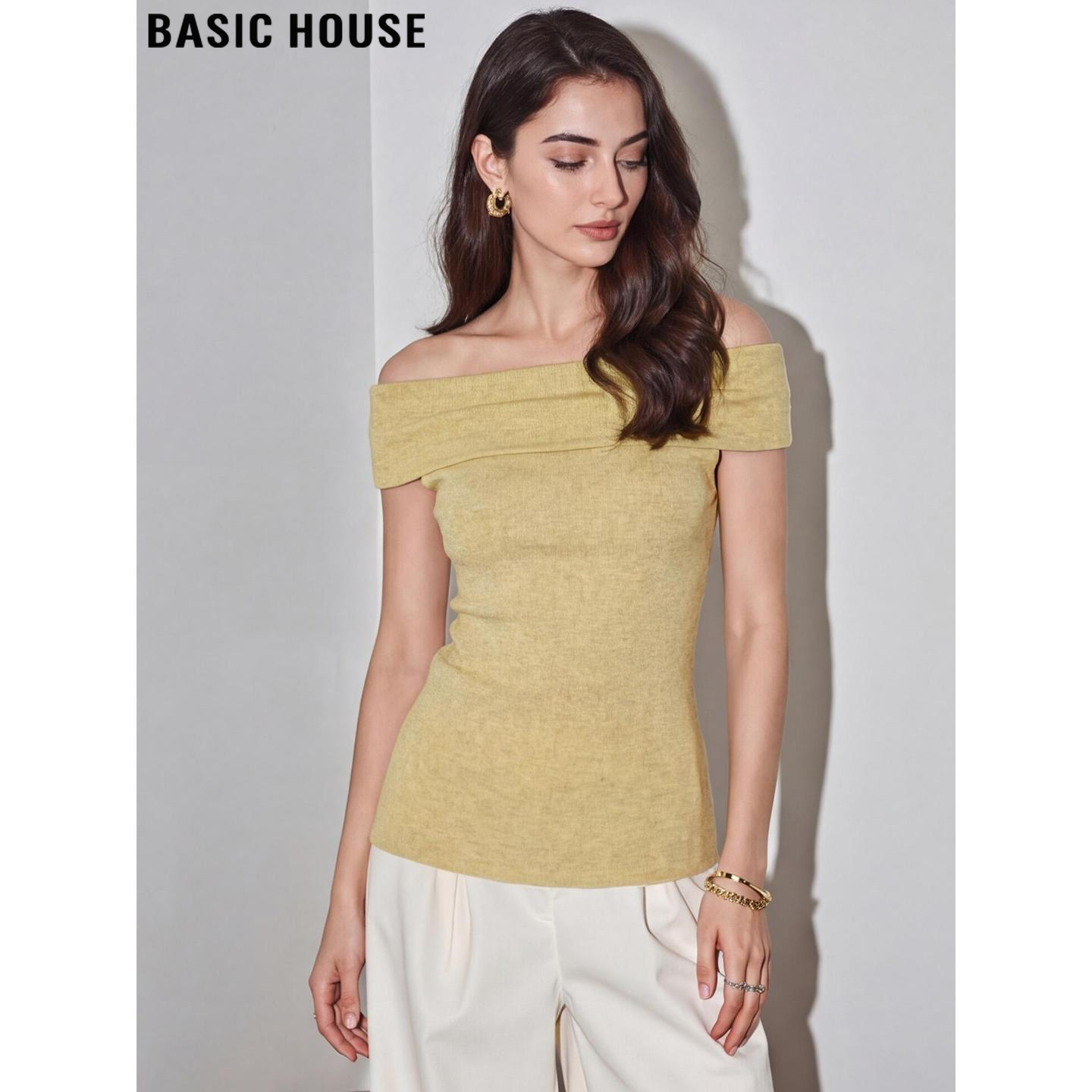 Basic House/百家好黄色羊毛短袖针织衫女2026春季新款一字肩上衣,女装/女士精品,毛针织衫,淘宝优惠券,粉丝福利购,淘宝优惠卷