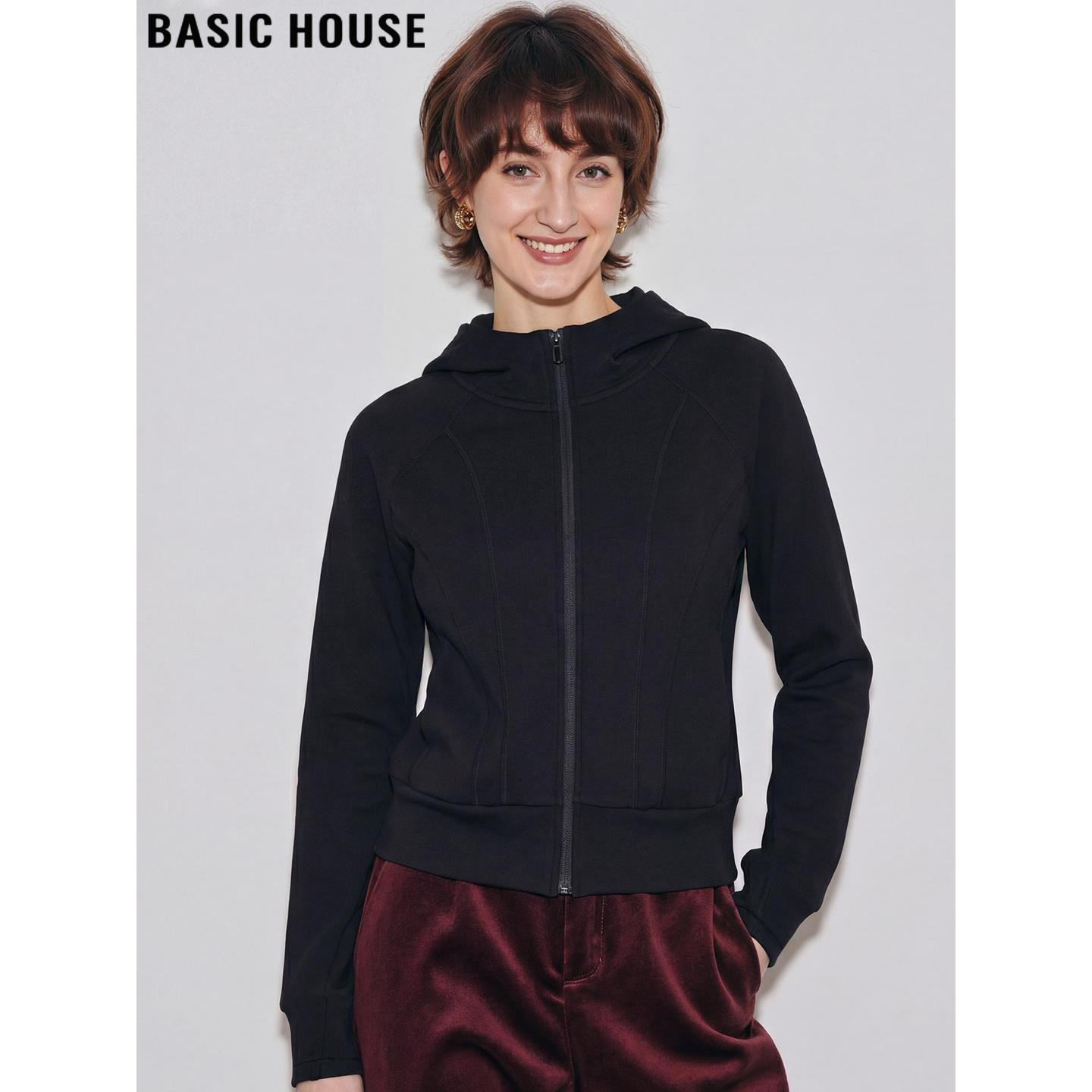 Basic House/百家好黑色短款连帽拉链外套女2026春季新款显瘦卫衣,女装/女士精品,卫衣/绒衫,淘宝优惠券,粉丝福利购,淘宝优惠卷