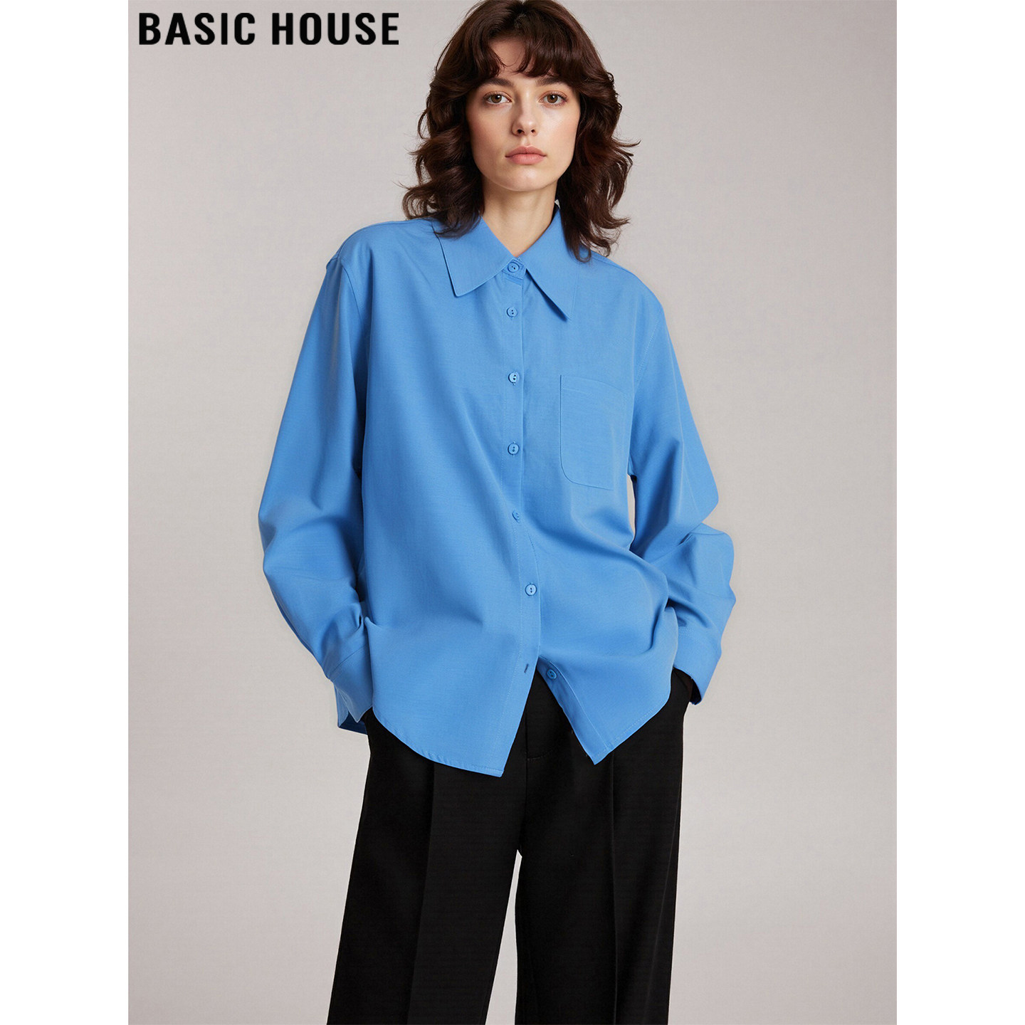 Basic House/百家好知识分子蓝色衬衫女2026春季新款宽松外搭衬衣