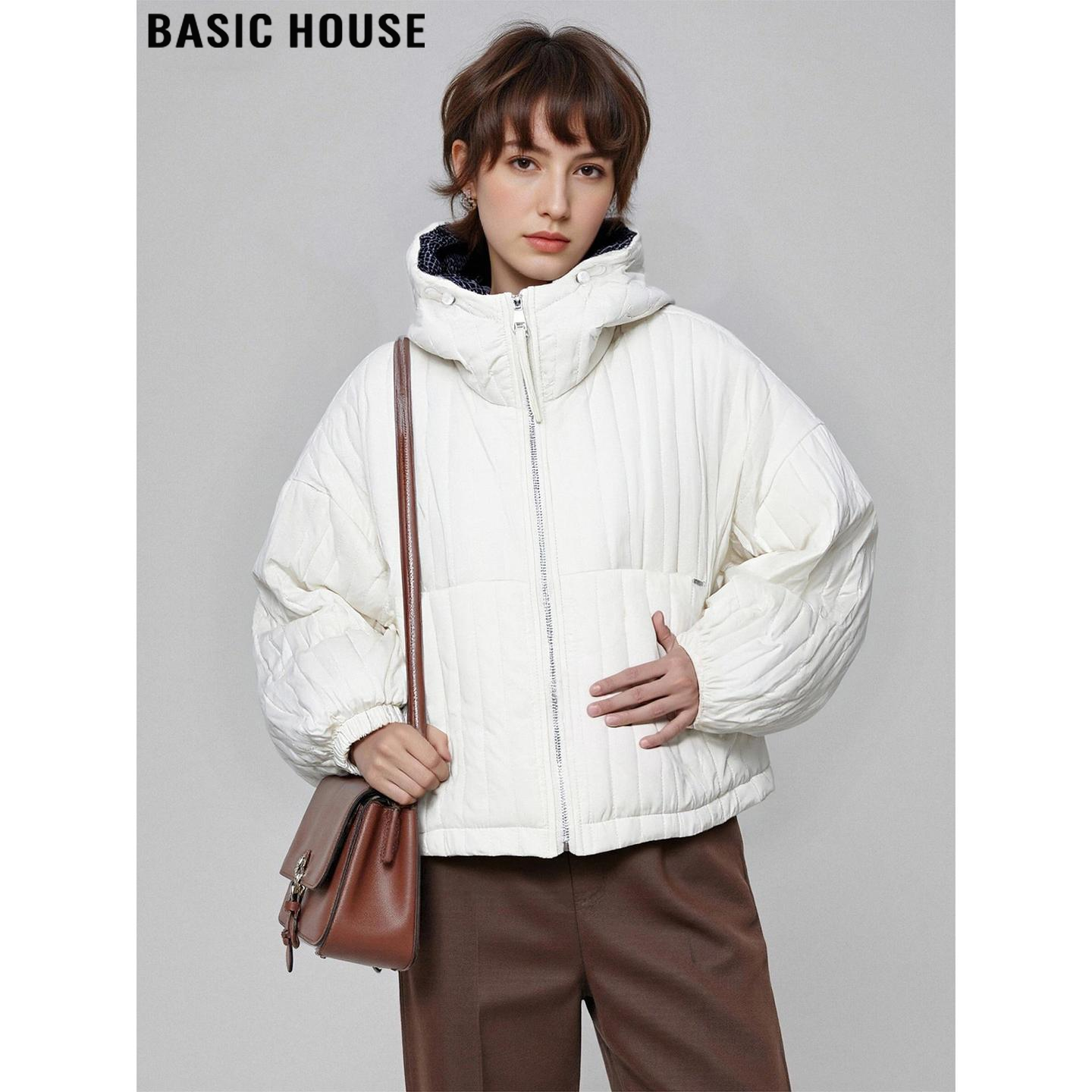 百家好米白色连帽加厚棉服外套女