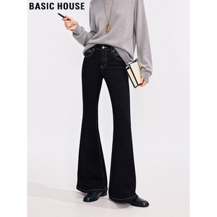 Basic House/百家好黑色微喇牛仔裤女冬高个子加长修身高腰喇叭裤