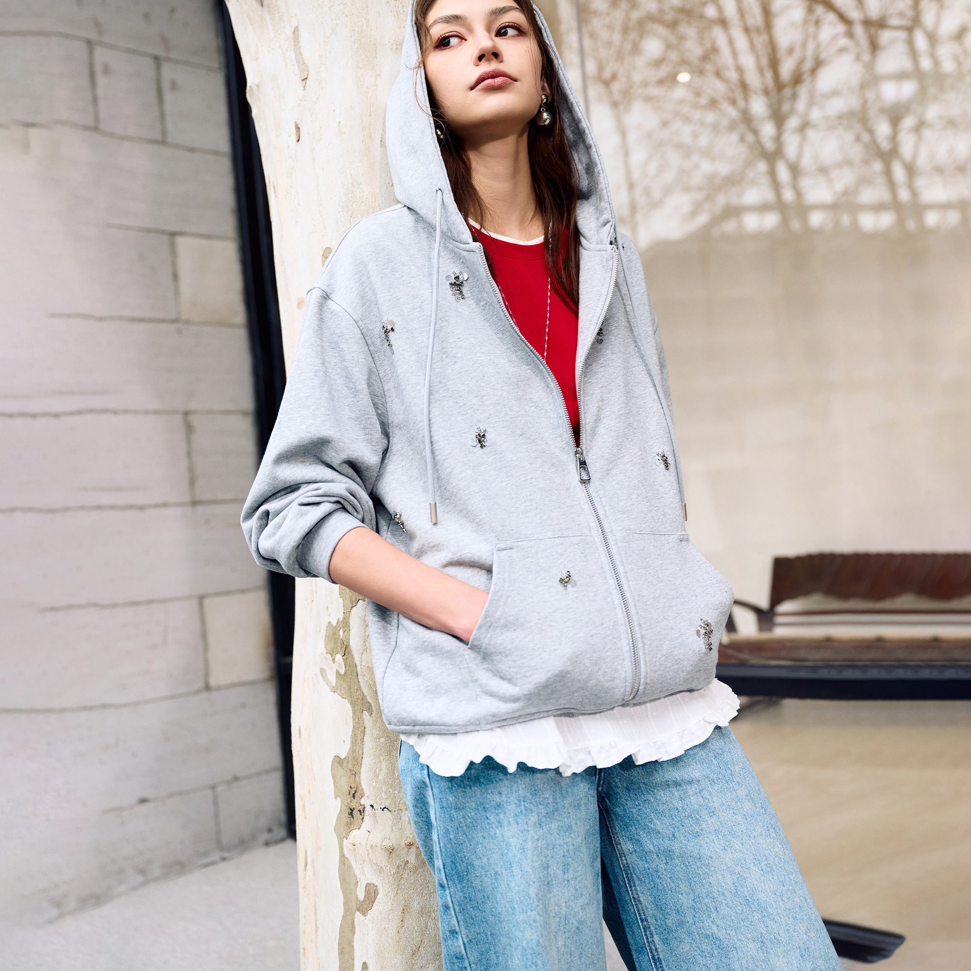 Basic House/百家好松弛感连帽卫衣外套女2025秋宽松灰色长袖上衣