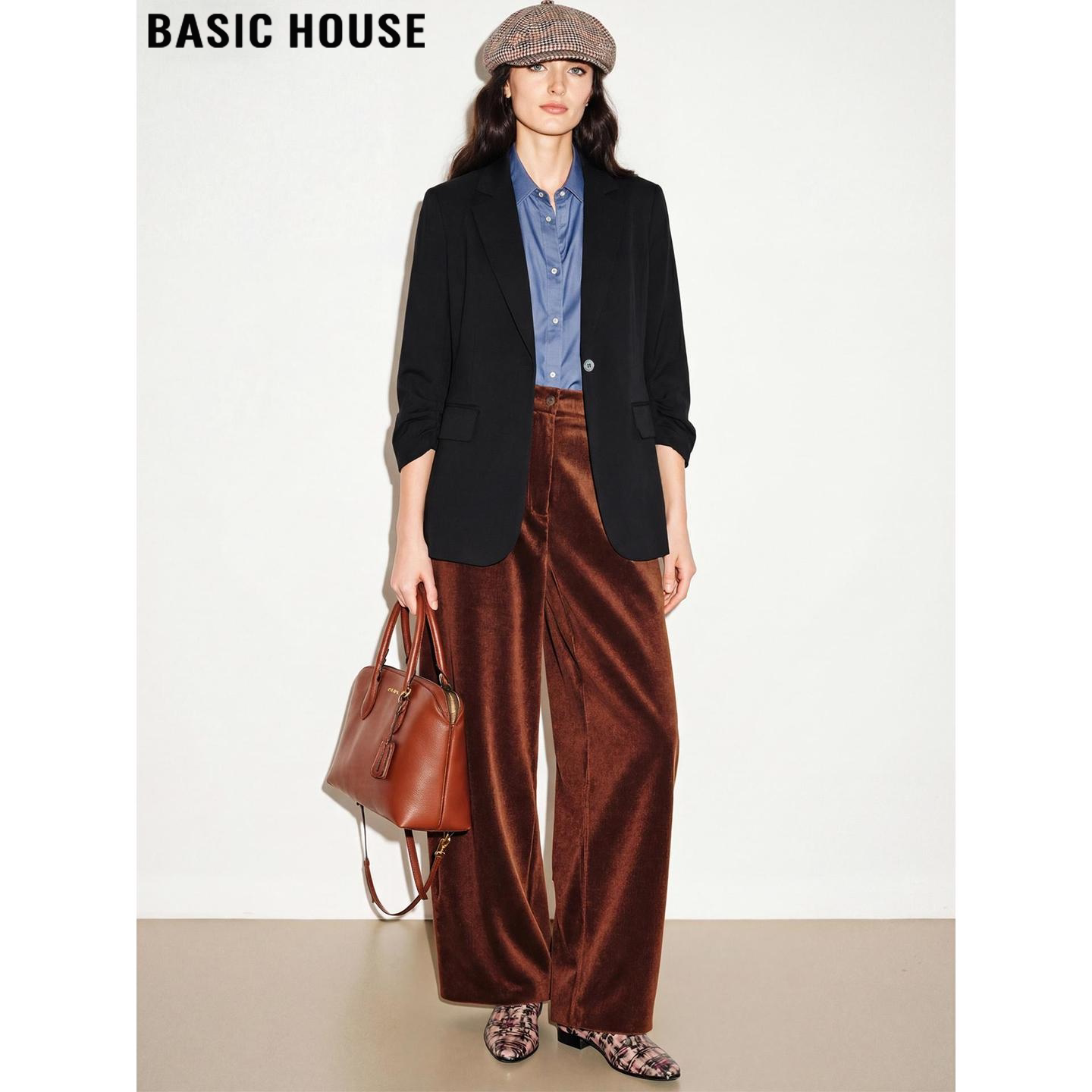 Basic House/百家好黑色西装外套女2026早春新款小个子九分袖西服