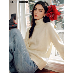 慵懒风软糯打底衫 Basic 女士春季 百家好白色高领羊毛针织衫 House