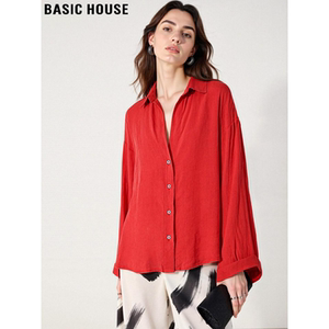 Basic House/百家好高级红色亚麻衬衫女春季薄款宽松棉麻防晒上衣