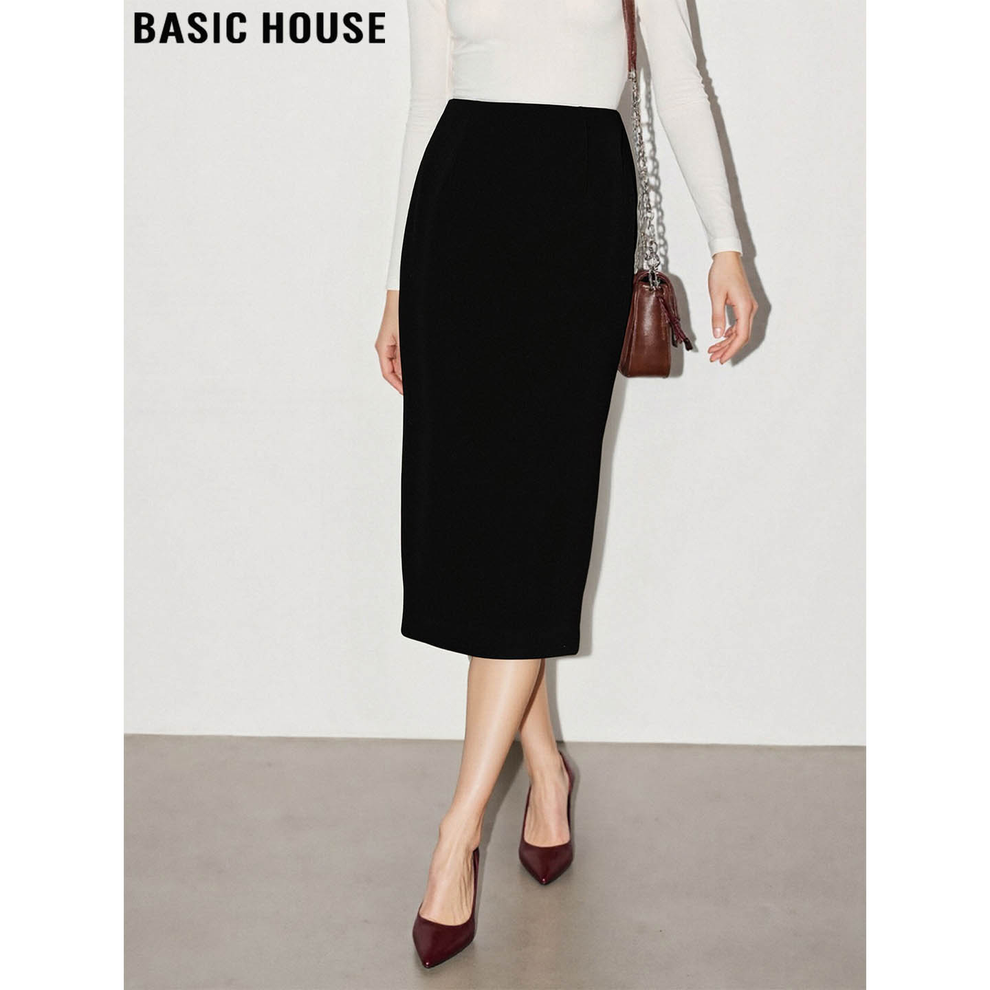 Basic House/百家好法式黑色西装半身裙女2025秋冬新款包臀一步裙