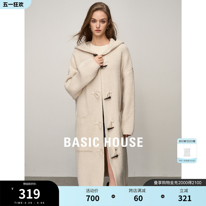 Basic House/百家好牛角扣连帽针织衫女春季新款长袖上衣长款