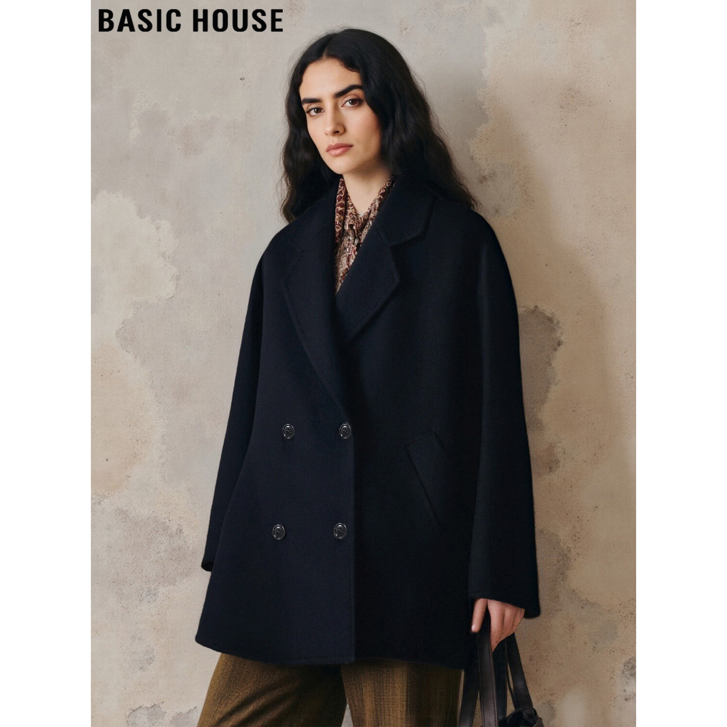 百家好高级感黑色加厚羊毛呢大衣