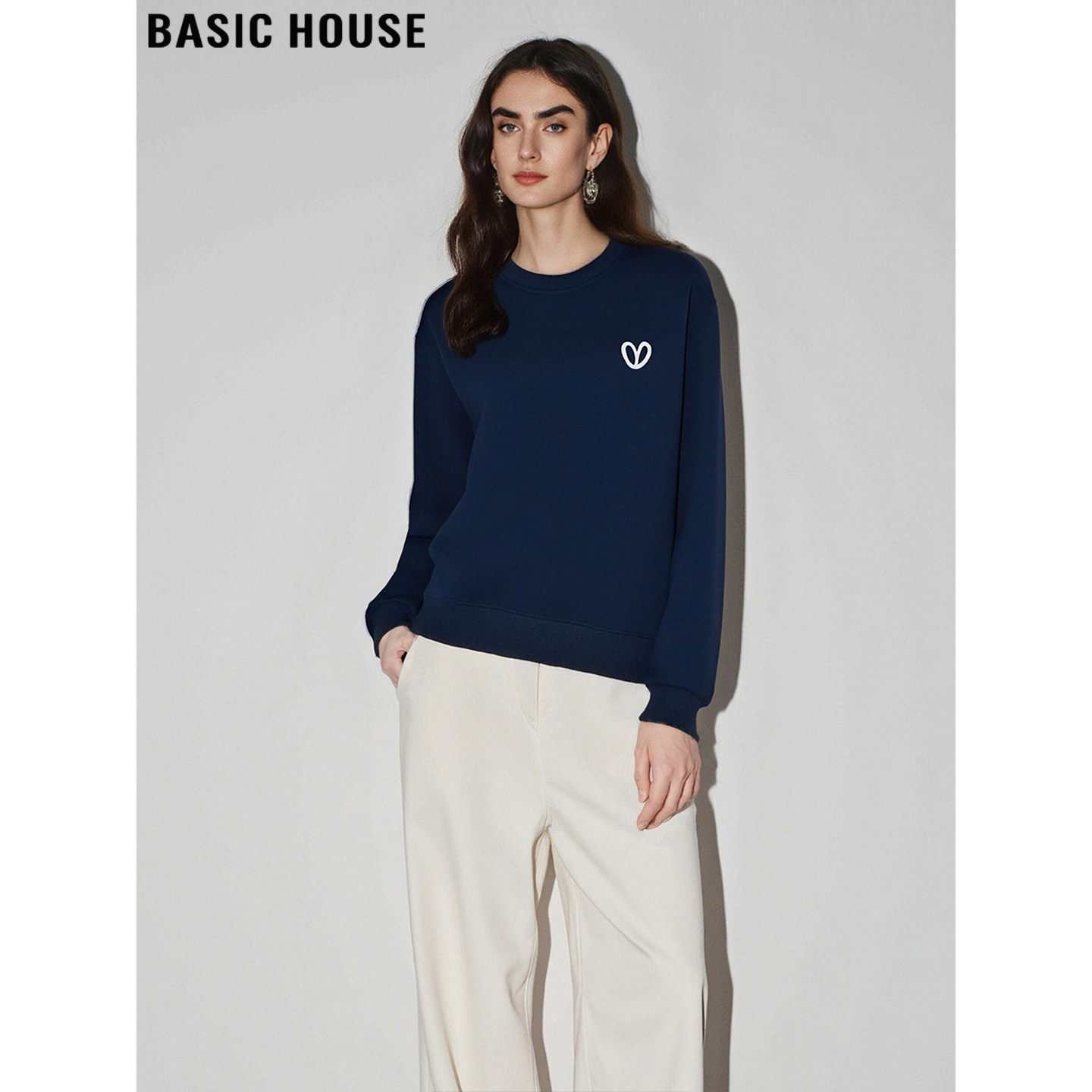 百家好藏蓝色圆领加绒宽松卫衣女