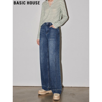 深蓝色阔腿牛仔裤加绒高腰直筒裤