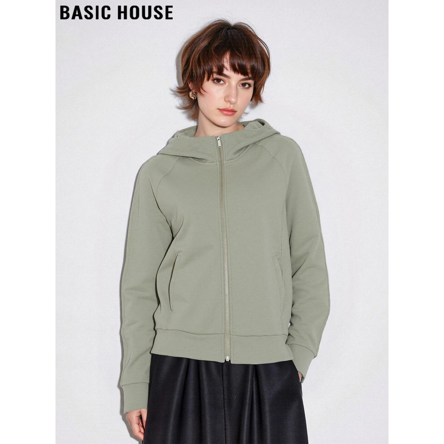 Basic House/百家好松石绿连帽卫衣女2026春季新款慵懒风拉链外套,女装/女士精品,短外套,淘宝优惠券,粉丝福利购,淘宝优惠卷