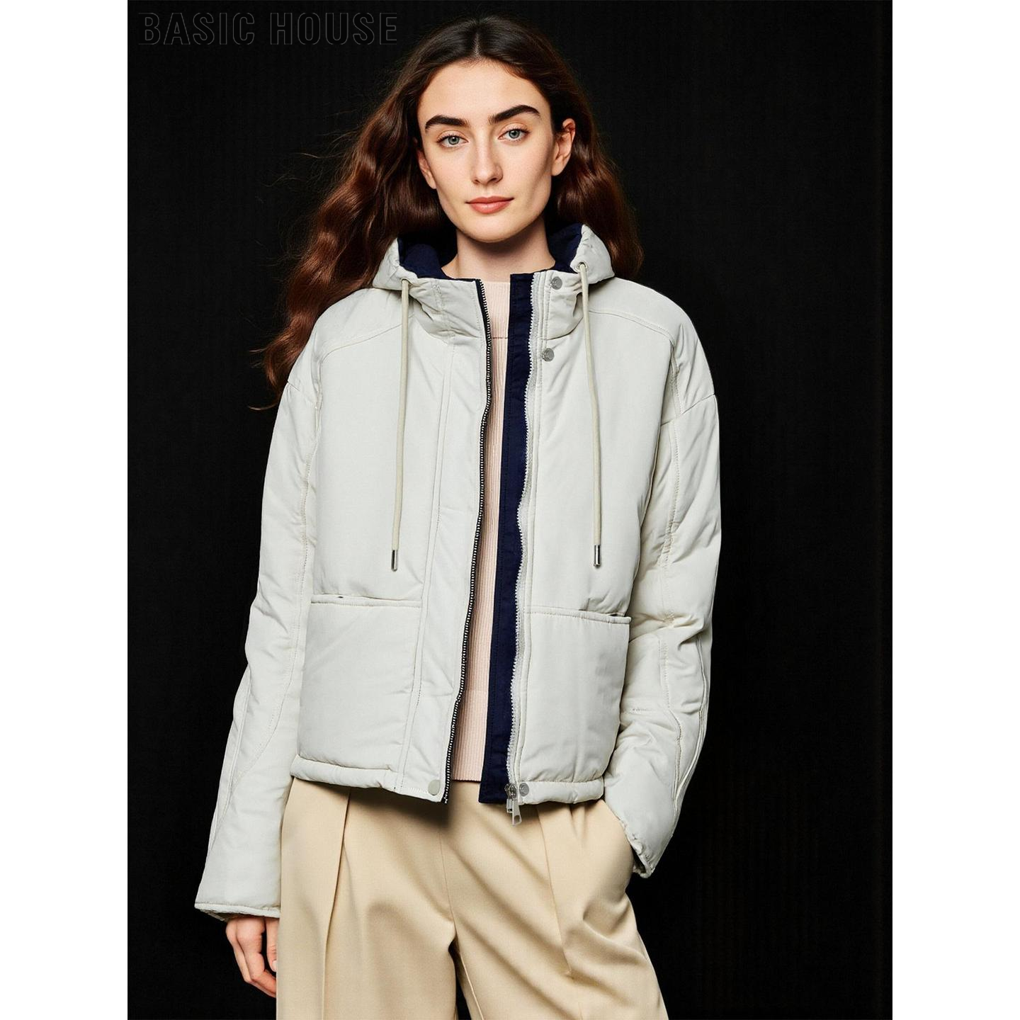 百家好米白色连帽棉服外套女冬季