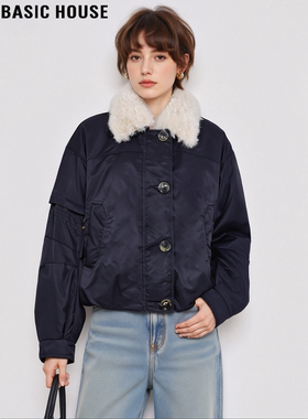 Basic House/百家好藏蓝色90鸭绒毛领羽绒服女冬宽松加厚保暖外套