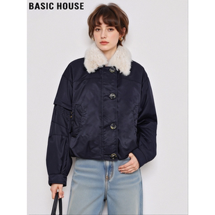 Basic House/百家好藏蓝色90鸭绒毛领羽绒服女冬宽松加厚保暖外套