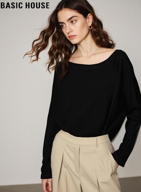 Basic House/百家好黑色一字领长袖T恤女2026春季新款打底衫上衣