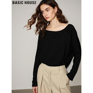 House 打底衫 百家好黑色一字领长袖 新款 上衣 T恤女2026春季 Basic