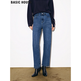 House 裤 百家好复古蓝色加绒直筒牛仔裤 高腰遮胯窄版 女冬季 Basic