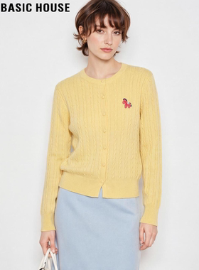 Basic House/百家好小马刺绣麻花针织开衫女2026春季新款黄色上衣