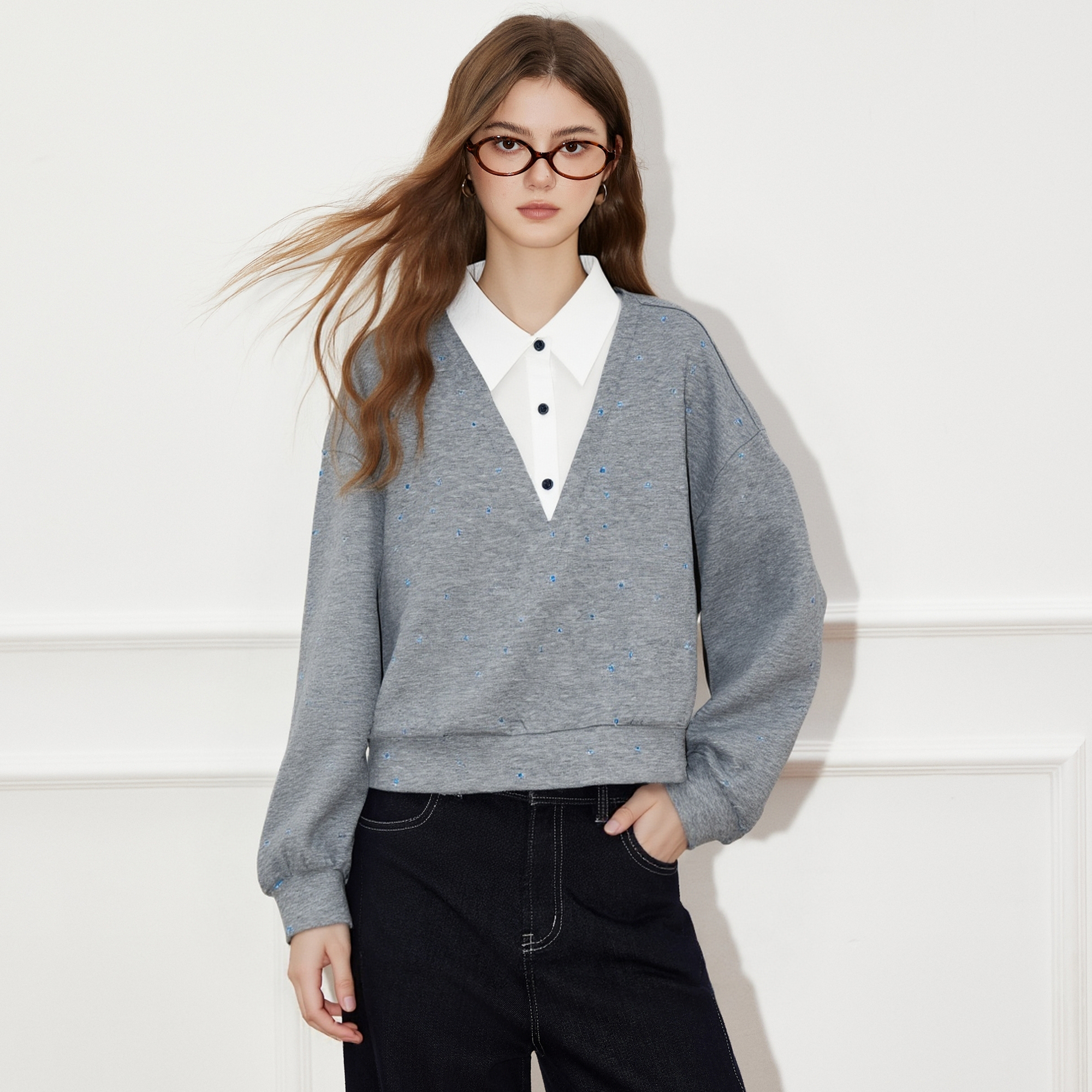 Basic House/百家好Polo领拼接卫衣外套女2025秋冬新款假两件上衣