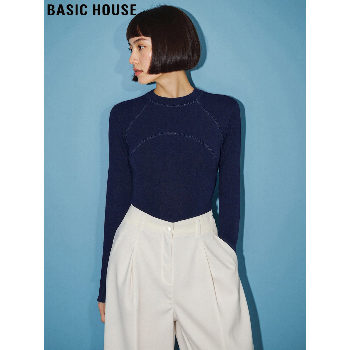 百家好藏蓝色打底衫女内搭上衣