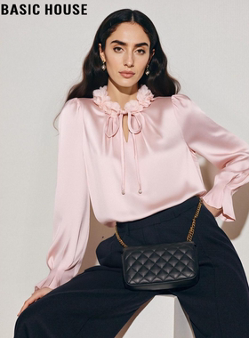 Basic House/百家好法式系带衬衫女2026春季新款设计感花瓣领上衣