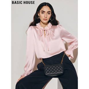 Basic House/百家好法式系带衬衫女2026春季新款设计感花瓣领上衣