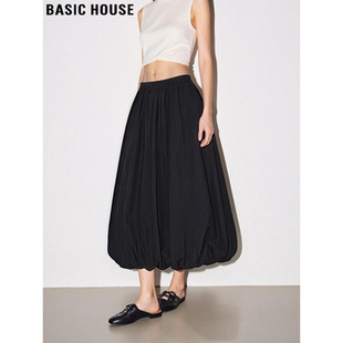 新款 百家好黑色花苞半身裙女2026春季 高腰A字中长裙 House Basic