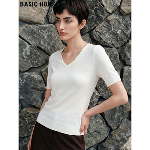 House 半袖 百家好白色V领冰丝针织短袖 修身 薄上衣 T恤女夏季 Basic