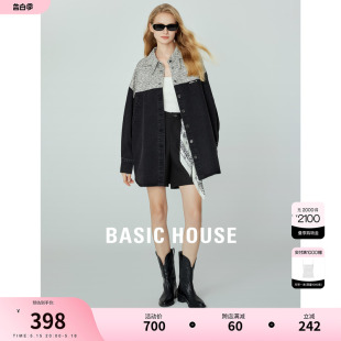 百家好拼接粗花呢衬衫 夹克上衣春季 House Basic 牛仔外套女