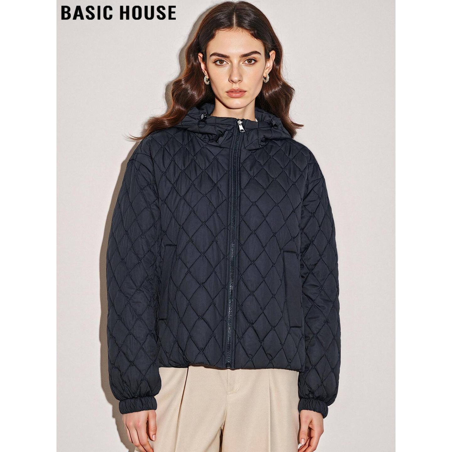 百家好黑色菱格加厚保暖连帽棉衣