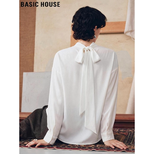 Basic House/百家好高级感后绑带白色衬衫女2026春季新款立领衬衣