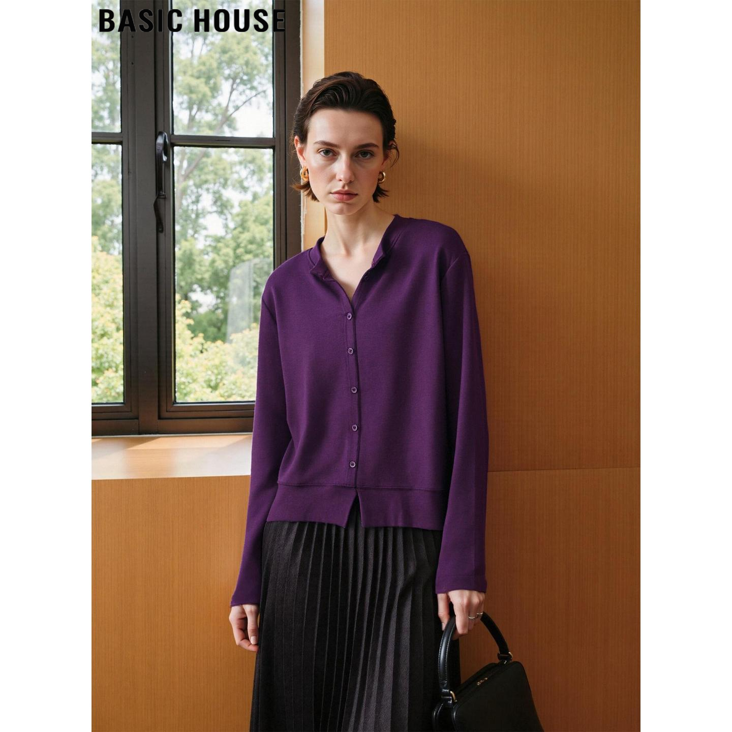 百家好高级感紫色单排扣针织衫女