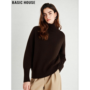 Basic House/百家好咖色高领100%羊毛针织衫女冬季美拉德软糯毛衣