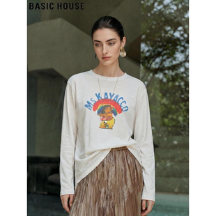 新款 Basic T恤女2026春季 百家好白色纯棉长袖 印花宽松上衣 House